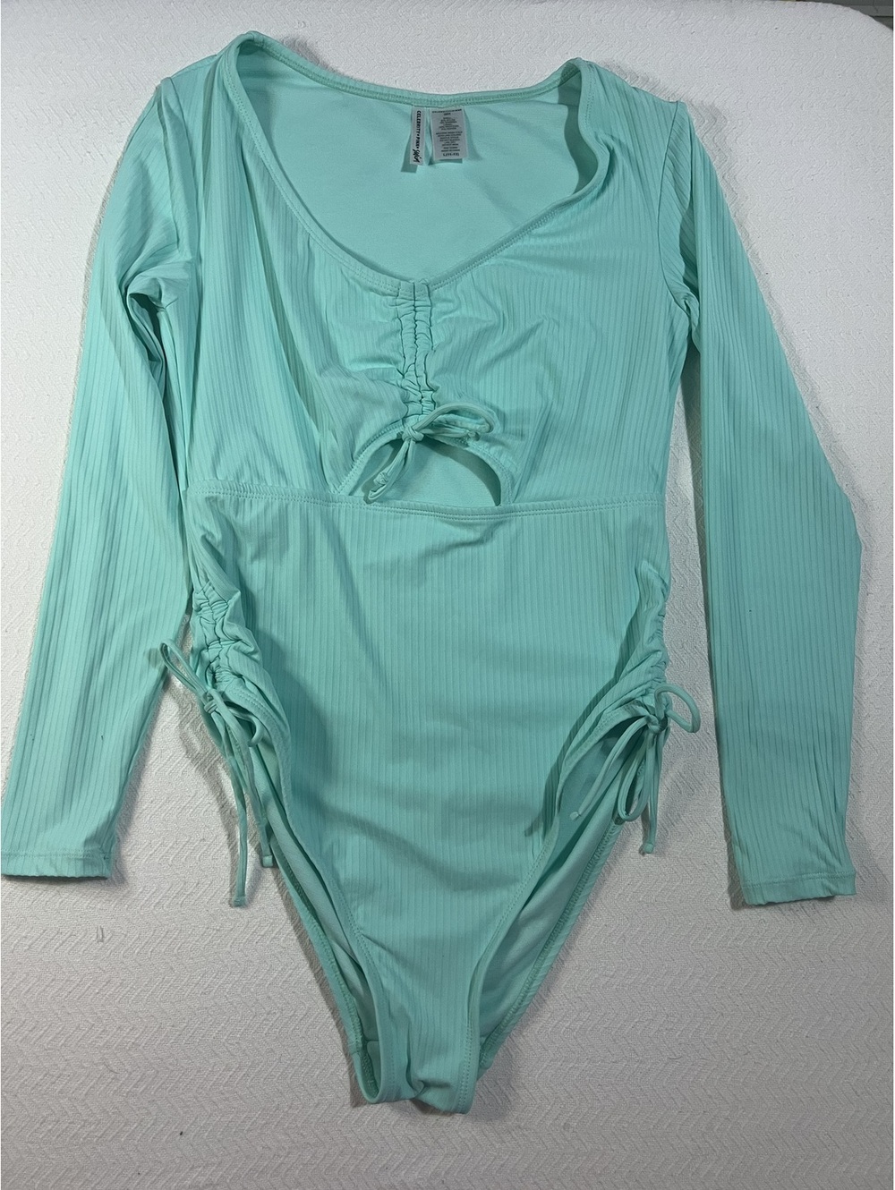 Celebrity Pink Long Sleeve One-Piece Swimsuit in Mint Green, Size Large